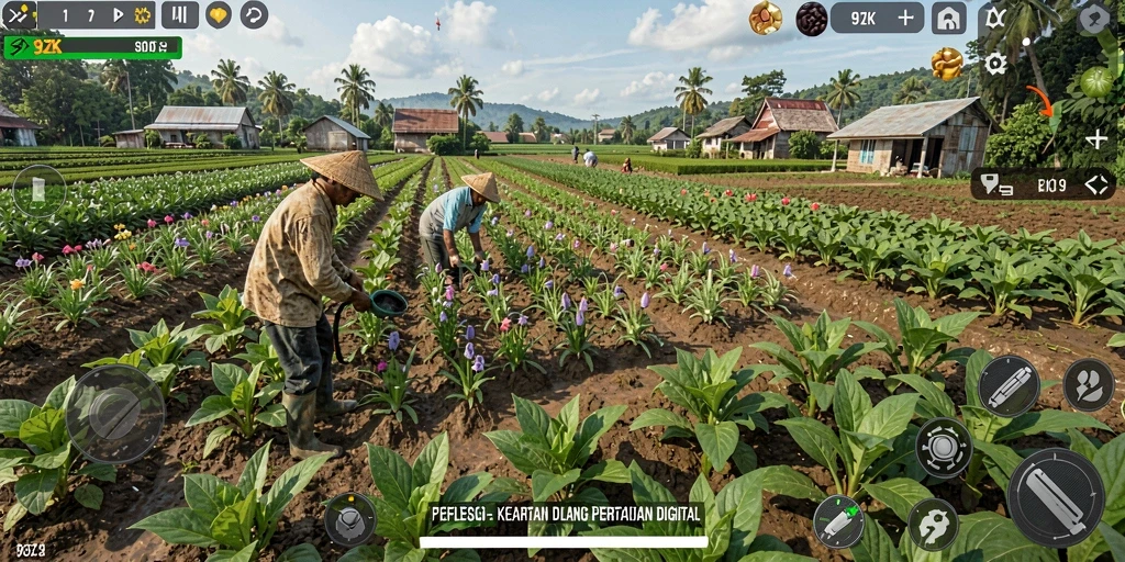 Gameplay 9ZK yang menggambarkan aktivitas bertani.