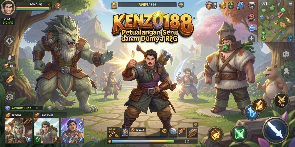 Tangkapan layar gameplay KENZO188 menunjukkan pertempuran epik di dunia fantasi.
