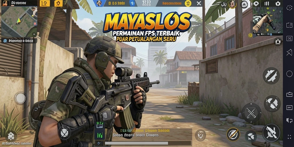Screenshot utama MAYASLOTS menampilkan aksi pertempuran seru di medan perang.