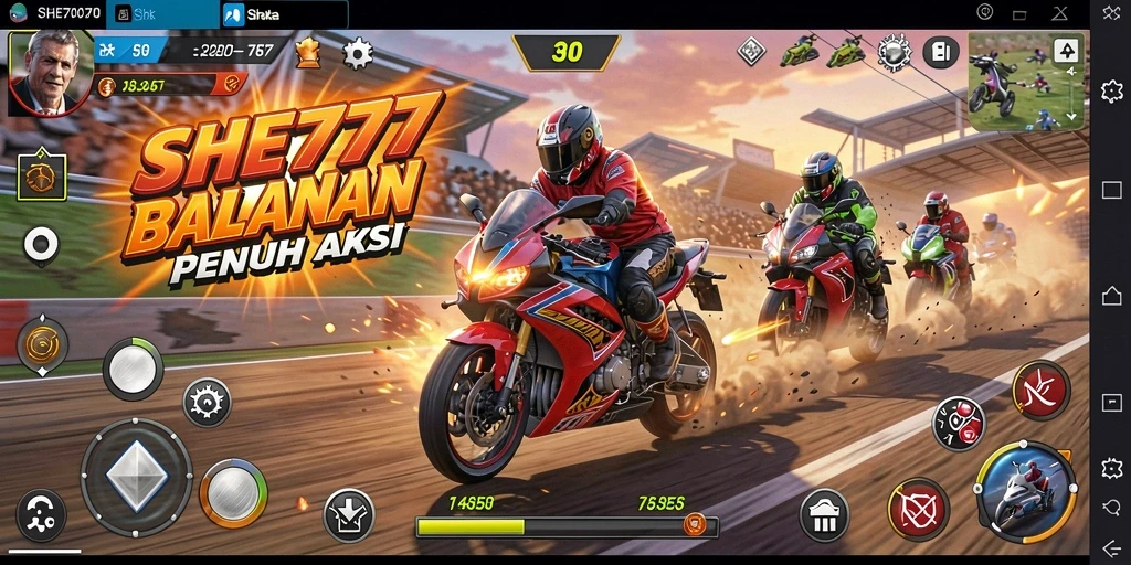 Tampilan gameplay SHE777 dengan balapan motor yang menegangkan.